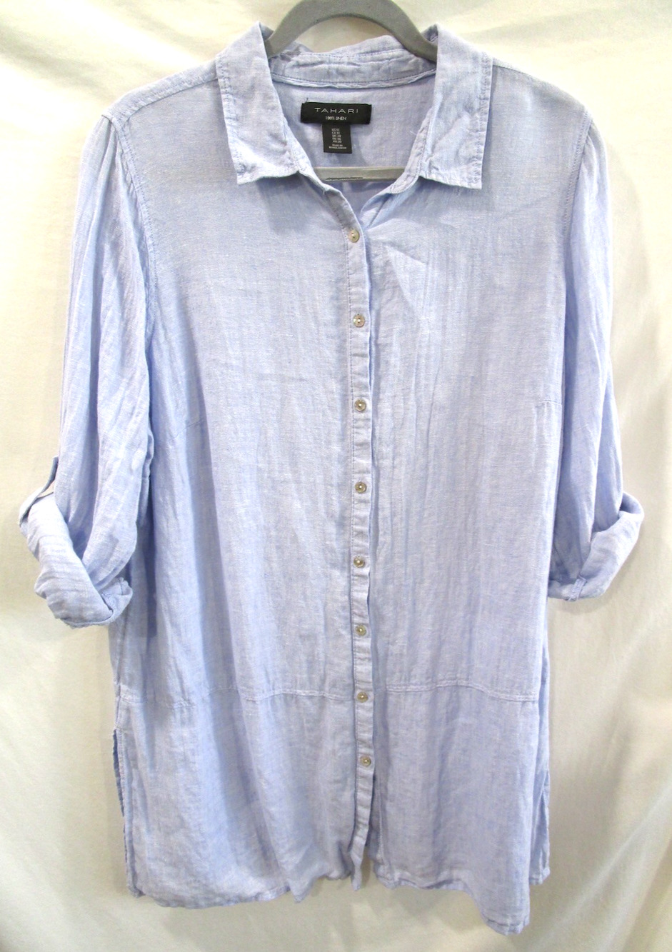 Tahari Light Blue 100% Linen Roll Tab Sleeve Long Button Up Tunic Top Women 1X